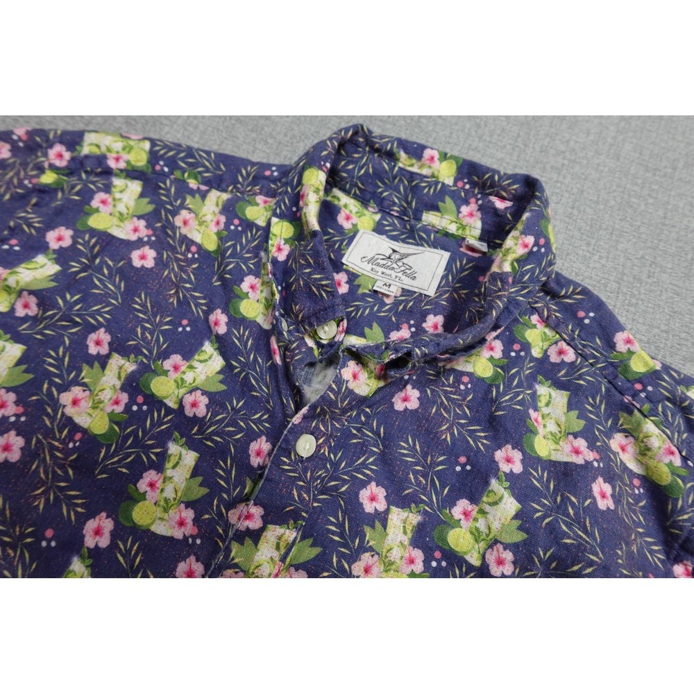 Madda Fella Linen Shirt Mens Medium Blue Floral Cactus Short Sleeve Button Up